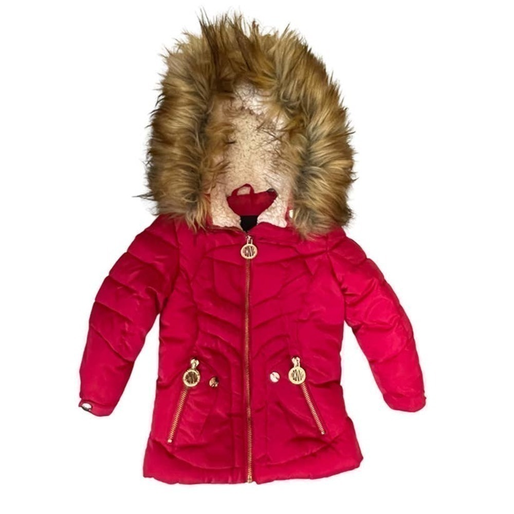 DKNY Faux Fur Hoodie Pink Puffer Jacket Size 2T
